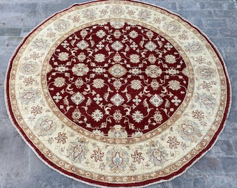 6x6 Red Beige Afghan Geometric Floral Area Rug - Hand Knotted Turkish Oushak Round Rug - Durable Chobi Turkmen Handspun Wool Ziegler Rug