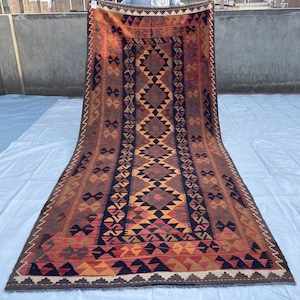 4x10 ft Stunning Afghan Geometric Wide Hallway Rug - 4&#39;4&quot;x9&#39;10&quot; Tribal Handwoven Flatweave Vintage Rug - 133x300 cm Kilim Runner Rug - #4177