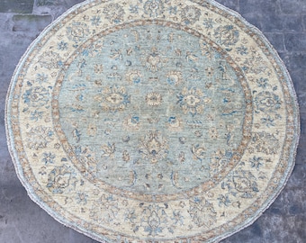 5x5 Faded Aquamarine Beige Floral Turkmen Round Rug - Afghan Ziegler Veg Dye Wool Circle Traditional Rug - Modern Oushak Dining Table Carpet