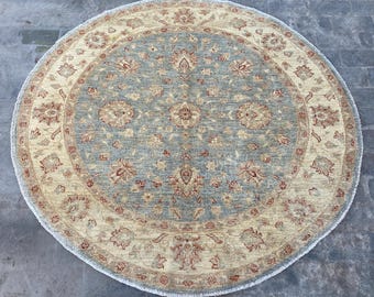 6x6 Muted Aquamarine Ziegler Circle Rug - Handmade Afghan Oriental Chobi Handspun Wool Rug - Turkish Floral Heriz Oushak Dining Table Carpet