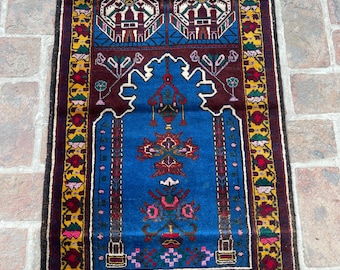 FREE SHIPPING 3x4 Rich Blue Royal Baluch Prayer Rug - Handmade Soft Wool Fine Rug - Turkmen Veg Dyes Tribal Nomadic Accent Rug 2.3x3.11 ft