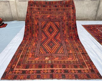 7x10 Afghan Vintage Handwoven Terracotta Flatweave Tribal Area Rug 6.4x9.10 ft - Red Blue Orange Turkmen Veg Dyes Wool Rug - Living Room Rug