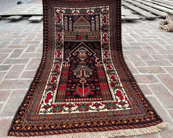 FREE SHIPPING 3x5 Black White Tribal Rug - Accent Afghan Oriental Rug - Handmade Afghan Baluch Wool Rug - Rugs for Living Room - Bedroom