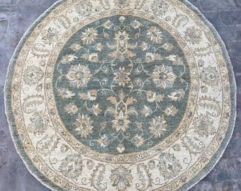 5x5 Faded Green Beige Ziegler Area Rug - Hand Knotted Oriental Afghan Chobi Handspun Wool Rug - Serapi Turkish Oushak Boho Dining Table Rug