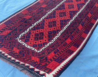 3x7 ft Vintage Old Turkmen Geometric Rug - Antique Tribal Nomadic Handwoven Rug 3.5x7.4 ft - Flatweave Caucasian Oriental Rug 105x223 cm