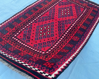4x6 ft Red Area Afghan Vintage Kilim Rug - Afghan Turkoman Maimana Uzbek Rug 3.9x6.4 ft - Handmade Veg Dyes Wool Tribal Kilim Rug 114x194 cm