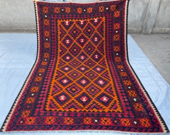 7x10 Gorgeous Afghan Red Maimana Kilim Rug - 6.5x9.5 ft Afghan Turkmen Veg Dyes Tribal Geometric Wool Area Rug - Rugs for Bedroom - Office