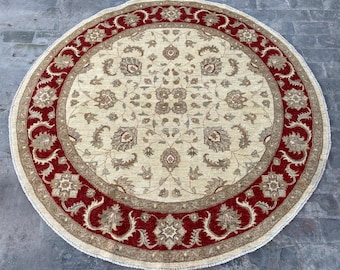 6x6 Beige Red Bidjar Round Area Rug - Hand Knotted Afghan Oriental Floral Circle Rug - Turkmen Ziegler Chobi Rug - Turkish Oushak Tribal Rug