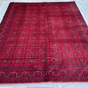 10x13 Rich Red Top Quality Turkmen Bukhara Rug - Afghan Hand Knotted Large Area Rug 10.1x13.3 ft - Geometric Veg Dyes Wool Carpet 304x404 cm