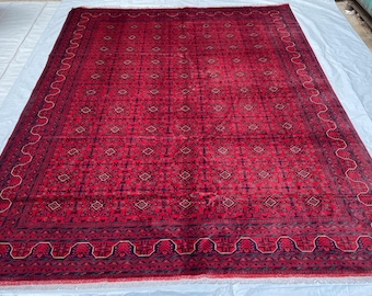 10x13 Rich Red Top Quality Turkmen Bukhara Rug - Afghan Hand Knotted Large Area Rug 10.1x13.3 ft - Geometric Veg Dyes Wool Carpet 304x404 cm