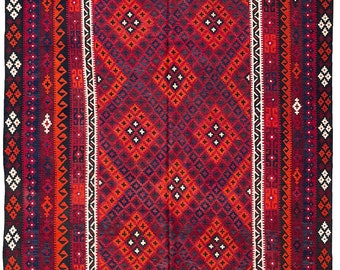 Red 9x14 Handmade Natural Organic Veg Dyes Handspun Wool Rug - Afghan Tribal Kilim Rug - Tribal Flatweave Rug - Living Room Rug 8.6x13.9 ft