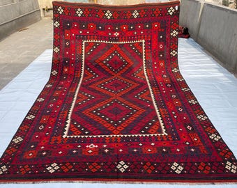 Red 8x13 Handmade Afghan Kilim Rug - Large Fine Ghalmori Rug - Vintage Tribal Handwoven Veg Dyes Wool Rug 8.7x13.4 ft - Rugs for Living Room