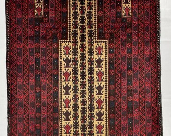 3.1x5.1 ft Vintage Afghan Baluch Area Rug - 3x5 Handmade Afghan Tribal Prayer Rug - Turkmen Handmade Oriental Veg Dyes Accent Home Decor Rug
