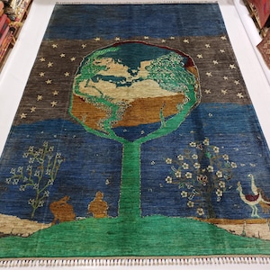 7x10 ft Blue Green Gabbeh Area Rug - Afghan Hand Knotted Pictorial Birds Oriental Turkomen Rug 6.7x9.7 ft - Rugs for Living Room 199x291 cm