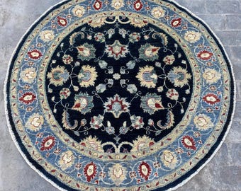 5x5 Navy Blue Turkmen Rounded Area Rug - Circular Chobi Hand Knotted Handspun Wool Rug - Ziegler Afghan Floral Natural Dyes Oushak Carpet