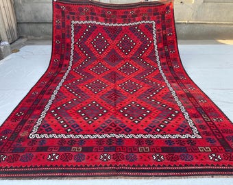 8x12 ft Red Afghan Tribal Rug - Large Flatweave Turkmen Bokhara Rug 8.1x12.6 ft - Rugs for Living Room - Dining Room - Bedroom 246x380 cm