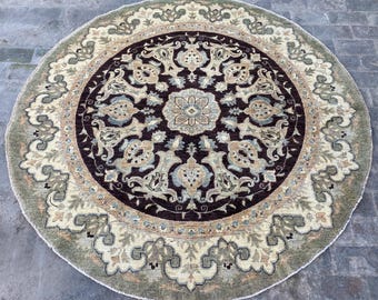 Black Beige 6x6 Afghan Round Area Rug - Hand Knotted Turkmen Circle Rug - Medallion Serapi Rug - Turkish Oriental Oushak Rug - Office Carpet