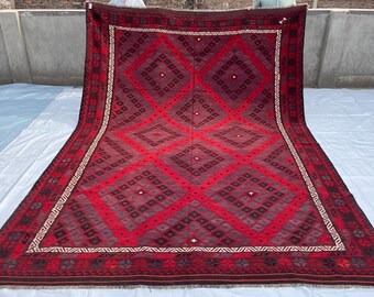 9x13 Red Afghan Kilim Rug - Turkmen Flatweave Handwoven Veg Dyes Wool Rug - Large Geometric Tribal Area Rug 9'1x13'1 - Rugs for Living room