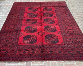8x10.8 ft Antique Afghan Turkmen Large Area Rug | 8x10 Oriental Handmade Filpai Rug | Bukhara Natural Veg Dyes Wool Rug | Home Office Carpet