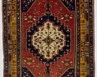 4.1x7.5 ft Fine Quality Made in Konya Handmade Rug - 4x7 Rare Pictorial Bordered Area Rug - Anatolian Decorative Rug - Ottoman Turkish Rug