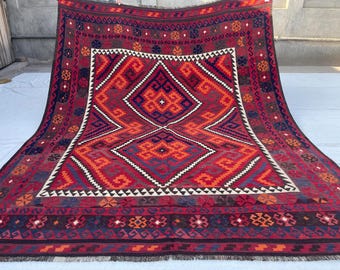 8x10 Red Orange Afghan Handmade Vintage Kilim Rug - Large Turkmen Antique Traditional Geometric Rug 7.10x10.1 ft - Caucasian Rug 240x308 cm