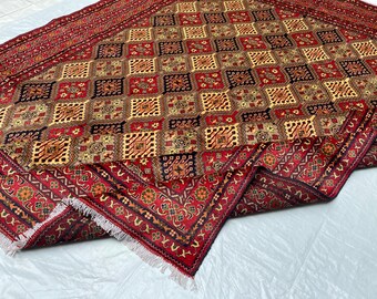 10x12 Large Red Beige Top Quality Afghan Rug - Hand Knotted Geometric Afghan Biljik Oriental Carpet 9.7x12.6 ft - Living Room Rug 292x380 cm