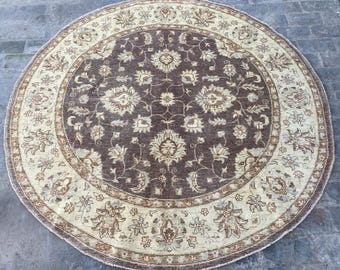 6x6 Faded Brown Ziegler Oushak Turkish Traditional Rug - Rounded Turkmen Chobi Veg Dye Wool Oriental Rug - Hand Knotted Floral Area Carpet