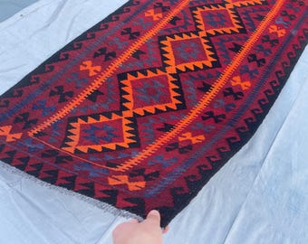 3x7 ft Red Handmade Kilim Rug - Tribal Afghan Geometric Area Rug 2.11x6.8 ft - Vintage Veg Dyes Hallway Rug 88x202 cm - Kitchen - Office Rug