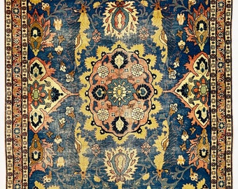 3.5x4.10 ft Collector&#39;s Piece Antique CAUCASIAN Over 100 Years Old Unique Piece Of Art - 3x5 Distressed Faded Blue Yellow Peach Beige Carpet