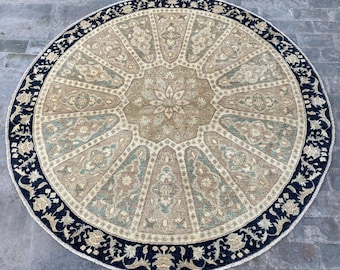 7x7 Beige Black Muted Oriental Rounded Area Rug - Afghan Ziegler Modern Chobi Circle Shape Rug - Turkmen Serapi Tribal Oushak Table Area Rug