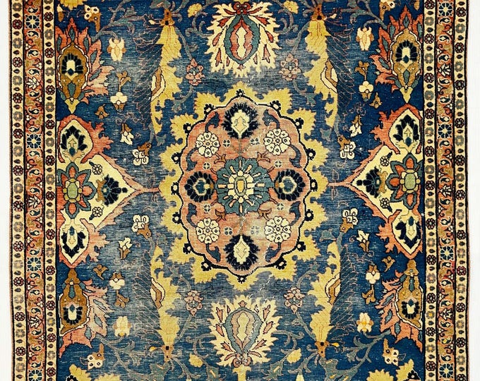 Featured listing image: 3.5x4.10 ft Collector's Piece Antique CAUCASIAN Over 100 Years Old Unique Piece Of Art - 3x5 Distressed Faded Blue Yellow Peach Beige Carpet