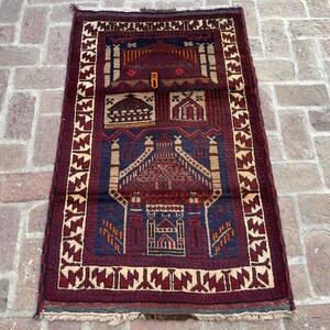 FREE SHIPPING 3x5 Blue Red Beige Soft Baluch Rug - Handmade Tribal Afghan Prayer Rug - Accent Turkmen Prayer Rug - Soft High Pile Wool Rug