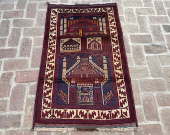 FREE SHIPPING 3x5 Blue Red Beige Soft Baluch Rug - Handmade Tribal Afghan Prayer Rug - Accent Turkmen Prayer Rug - Soft High Pile Wool Rug
