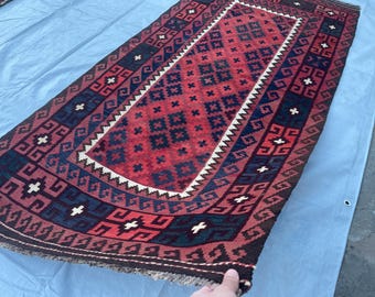 3x7 ft 1980s Red Vintage Oriental Afghan Rug - Handmade Bukhara Turkmen Handwoven Rug 3.4x7 ft - Antique Traditional Floor Rug 101x215 cm