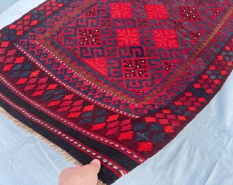 Red 3x6 ft Flatweave Geometric Afghan Rug - 3.5x6.2 ft Tribal Vintage Turkmen Area Rug - 105x189 cm Antique Oriental Veg Dyes Wool Kilim Rug