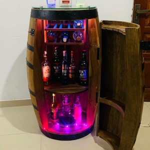 Handmade Whiskey Barrel Cabinet with LED Light System & Glass Top