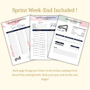 May include: Three white sheets with race information for the Singapore, Australian, and Mexican Grand Prix. Each sheet has a different layout with race details, including qualifying and race results. The text "Sprint Week-End Included!" is at the top.