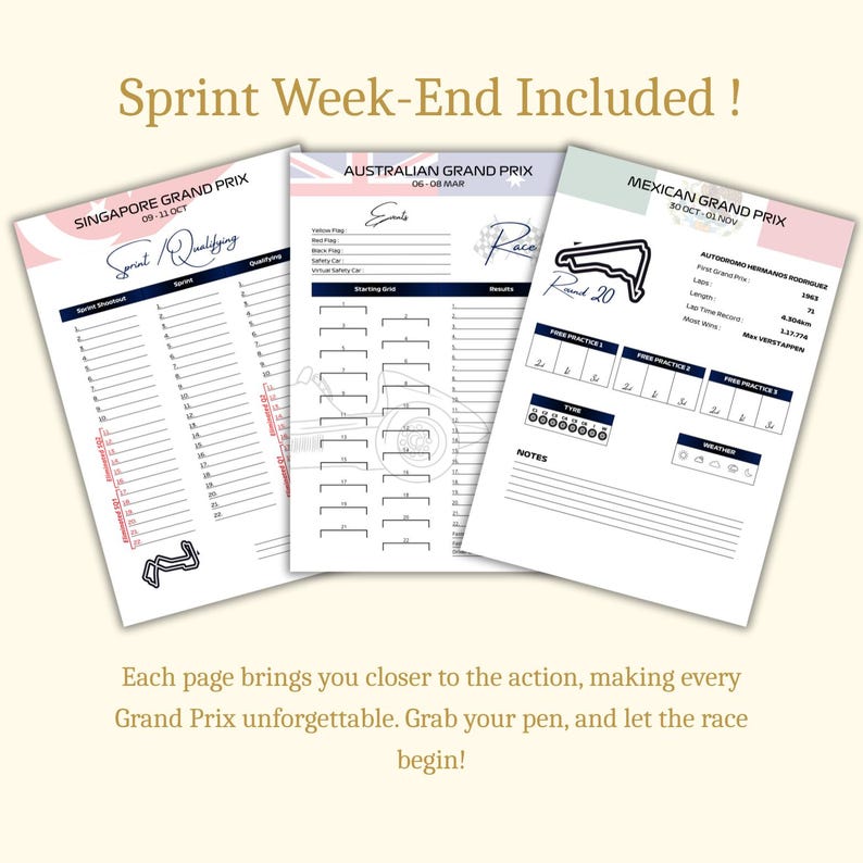 May include: Three white sheets with race information for the Singapore, Australian, and Mexican Grand Prix. Each sheet has a different layout with race details, including qualifying and race results. The text "Sprint Week-End Included!" is at the top.