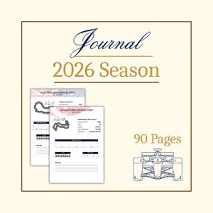 以下が含まれることがあります： 「Journal 2026 Season」のテキストが入ったジャーナル。オーストラリアグランプリとシンガポールグランプリのページがあり、レーシングカーのイラストと「90 Pages」のテキストが入っています。