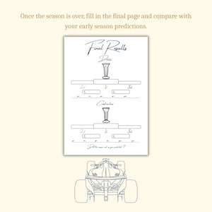 May include: A white sheet with the text "Final Results" and a diagram for recording race results. The sheet includes spaces for drivers and constructors, with a Formula 1 car illustration at the bottom. The text "Once the season is over, fill in the final page and compare with your early season predictions."