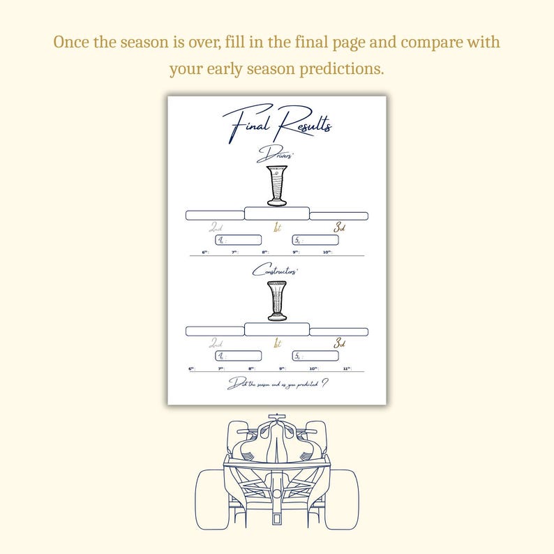 May include: A white sheet with the text "Final Results" and a diagram for recording race results. The sheet includes spaces for drivers and constructors, with a Formula 1 car illustration at the bottom. The text "Once the season is over, fill in the final page and compare with your early season predictions."