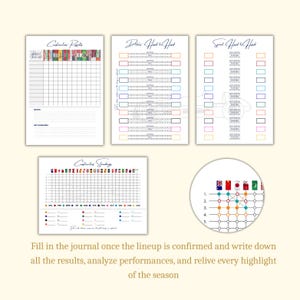May include: A set of four white journal pages with handwritten headings and tables for recording race results. The pages include headings like "Constructors Results" and "Drivers Head to Head". A smaller circle shows flags.
