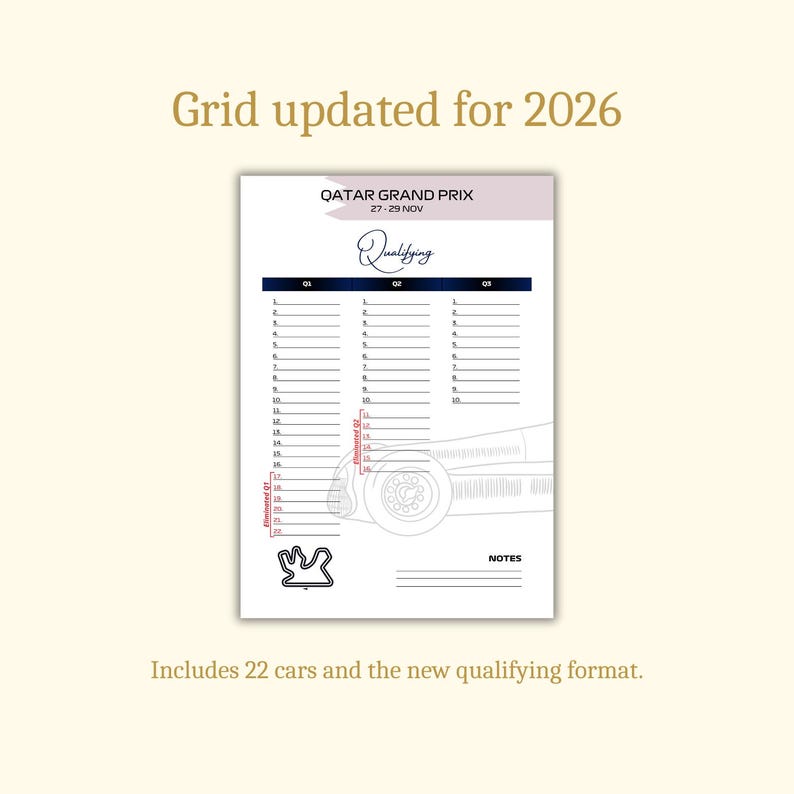 May include: A white sheet with the text "QATAR GRAND PRIX 27-29 NOV" and "Qualifying". The sheet includes a car outline and a race track graphic. The text "Grid updated for 2026" and "Includes 22 cars and the new qualifying format" are also present.