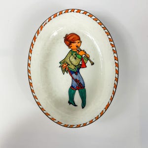 Vintage Steinbock Austria Enamel Oval Trinket Dish Boy Playing Flute Tirol