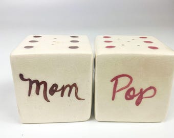 Vintage Ceramic Mom and Pop Dice Salt Pepper Shakers 2'' Nostalgic Parents gift