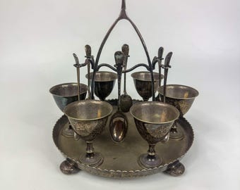 W Shammon & Sons Silverplated A1 6 Egg Cups With Spoons  Wishbone Handle Tray
