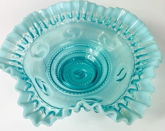 Antique Jefferson Glass Astro Blue Opalescent Ruffled Edge Bowl