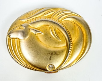 Vintage Estee Lauder Oval Gold Tone Capricorn Zodiac Powder Compact Empty