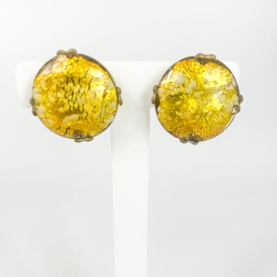 Boucles D'oreilles Vintage Clips Dorées - Verre Opalescent - Occasion Bon état