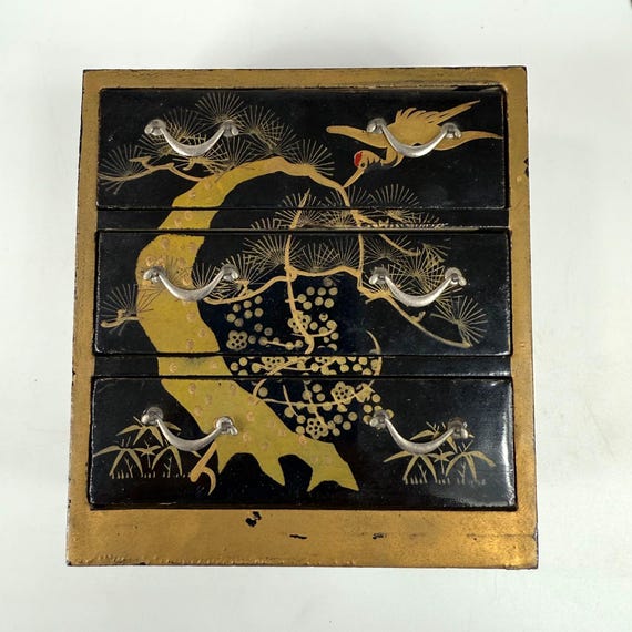 Miniature Japanese Makie Gold Painted Chest Of Drawers Jewelry Box